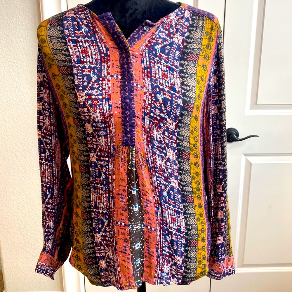 Nine West Mix Media Boho Half- Way Button Long Sleeve Top